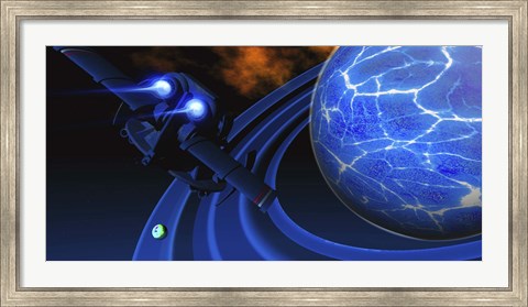 Framed spacecraft flies near an ice planet and its rings Print