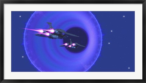 Framed Spaceships enter a wormhole in outer space Print