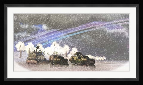 Framed military convoy in a sever winter storm on an alien planet Print