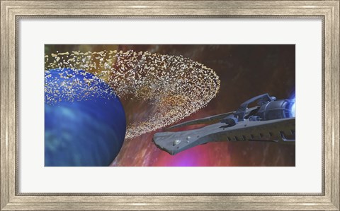 Framed spacecraft passes by a blue planet with a ring of asteroids Print