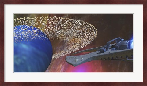 Framed spacecraft passes by a blue planet with a ring of asteroids Print