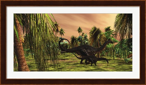 Framed Apatosaurus mother escorts her hatchling baby Print