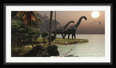 Framed Two Brachiosaurus dinosaurs enjoy a beautiful sunset Print