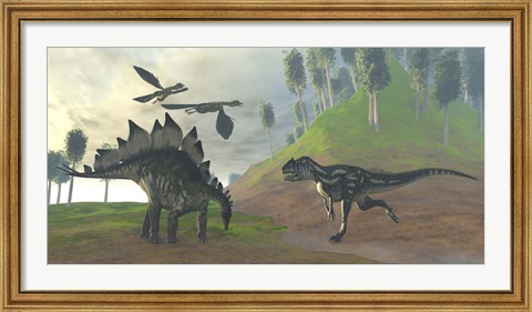 Framed Allosaurus attacks an unaware Stegosaurus dinosaur Print