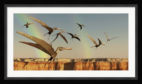 Framed flock of Pterodactyls fly out of a canyon Print