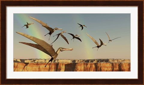 Framed flock of Pterodactyls fly out of a canyon Print