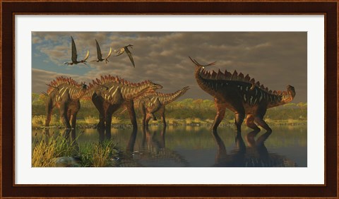 Framed Miragaia dinosaur bellows in protest as others try to join him in the marsh Print