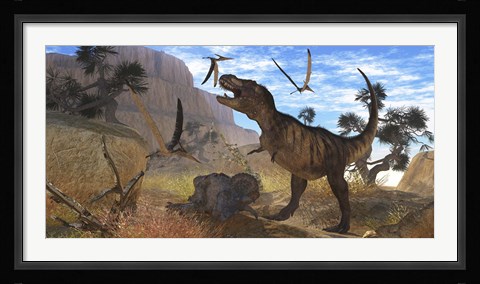 Framed Tyrannosaurus Rex attempts to eat his Triceratops kill while Pteranodons harass him Print