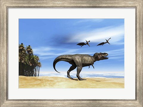 Framed Pterodactyls fly over a beastly Tyrannosaurus Rex Print