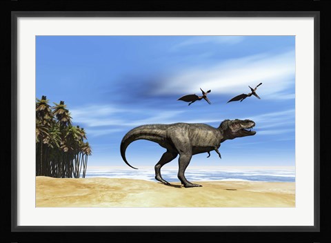 Framed Pterodactyls fly over a beastly Tyrannosaurus Rex Print