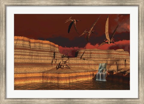 Framed Pteranodon dinosaurs in a prehistoric landscape Print