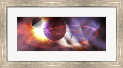 Framed Solar flares radiate from a huge sun near a planet and its orbiting moons Print