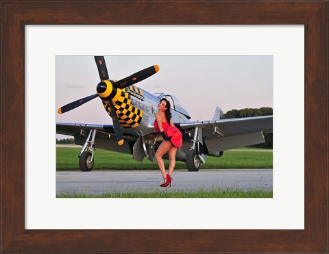 Framed Sexy 1940&#39;s style pin-up girl posing with a P-51 Mustang Print