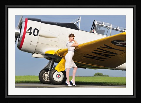 Framed 1940's style Navy pin-up girl leaning on the wing of a T-6 Texan Print