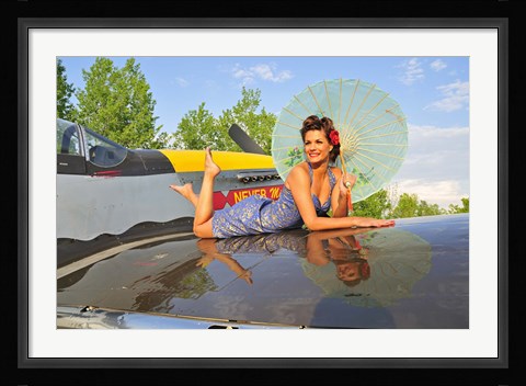 Framed 1940's style pin-up girl with parasol on a vintage P-51 Mustang Print