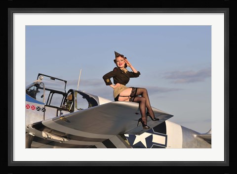 Framed Pin-up girl sitting on the wing of a P-51 Mustang Print