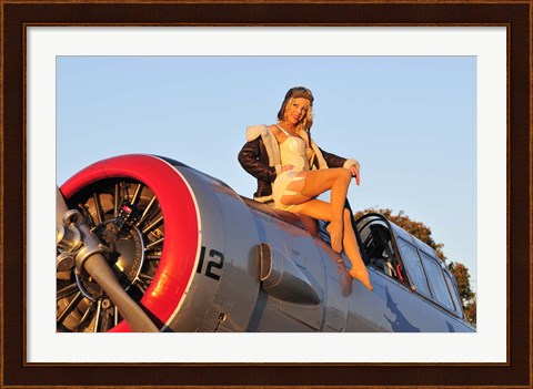 Framed 1940&#39;s style aviator pin-up girl posing with a vintage T-6 Texan aircraft Print