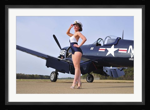 Framed 1940's Navy pin-up girl posing with a vintage Corsair aircraft Print