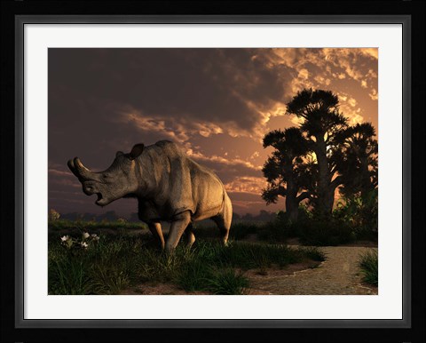 Framed Megacerops grazing a prehistoric landscape Print