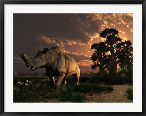 Framed Megacerops grazing a prehistoric landscape Print