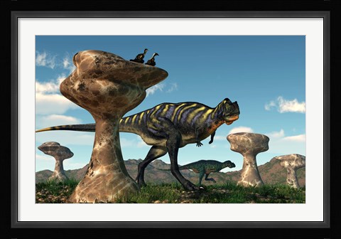 Framed pair of Aucasaurus dinosaurs walk amongst a forest of stone sculptures Print