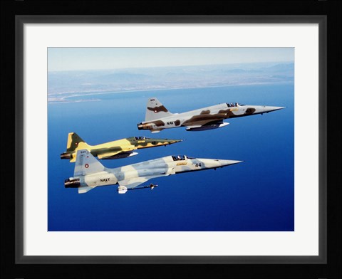 Framed Three F-5E Tiger II fighter aircraft in flight Print
