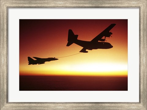 Framed US Navy F-14A Tomcat aerial refueling from a KC-130 Hercules Print
