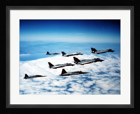 Framed Four F-14 Tomcats and three F-5 Tiger IIs in flight Print