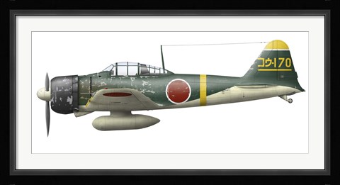 Framed Illustration of a Mitsubishi A6M2 Zero fighter plane Print