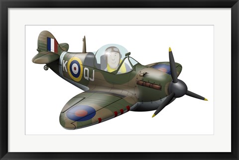 Framed Cartoon illustration of a Royal Air Force Supermarine Spitfire Print