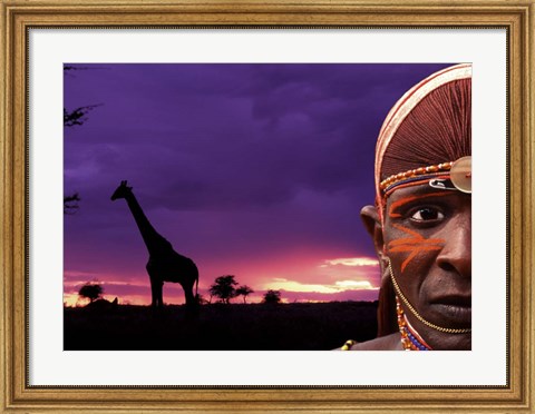 Framed Maasai Warrior with Sunset on the Serengeti, Kenya Print