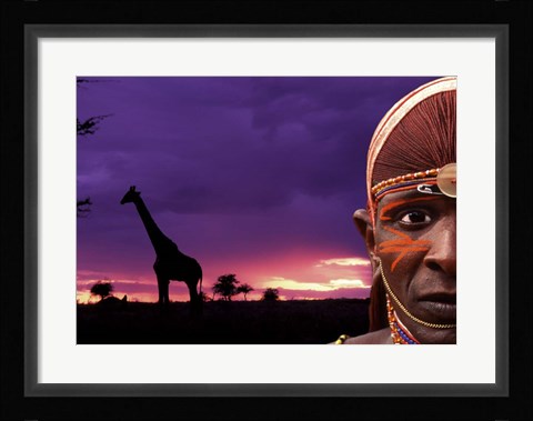 Framed Maasai Warrior with Sunset on the Serengeti, Kenya Print