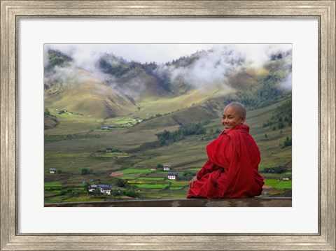 Framed Monk and Farmlands in the Phobjikha Valley, Gangtey Village, Bhutan Print