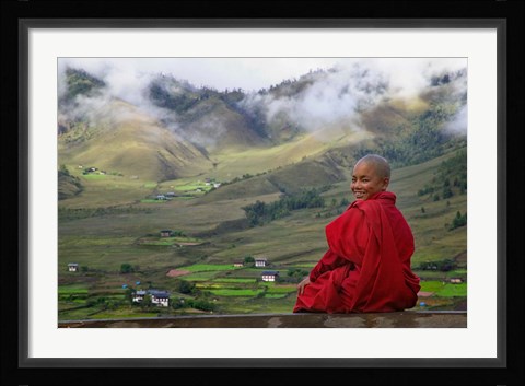 Framed Monk and Farmlands in the Phobjikha Valley, Gangtey Village, Bhutan Print