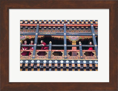 Framed Monks in the Kichu Lhakhang Dzong, Paro, Bhutan Print