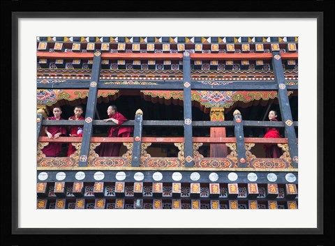 Framed Monks in the Kichu Lhakhang Dzong, Paro, Bhutan Print