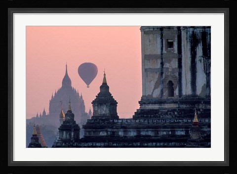 Framed Hot Air balloon over the temple complex of Pagan at dawn, Burma Print