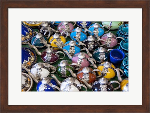 Framed Morocco, Casablanca, market, Ceramic tea pots Print