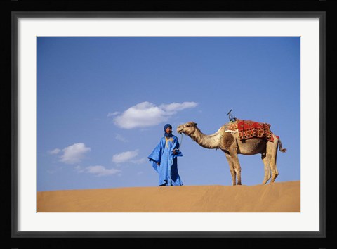 Framed Man leading camel on sand dunes, Tinfou (near Zagora), Morocco, Africa Print