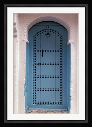 Framed Moorish-styled Blue Door and Whitewashed Home, Morocco Print
