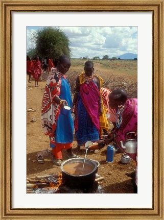 Framed Maasai Women Cooking for Wedding Feast, Amboseli, Kenya Print