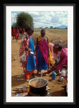 Framed Maasai Women Cooking for Wedding Feast, Amboseli, Kenya Print