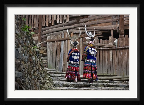 Framed Langde Miao girls in traditional costume in the village, Kaili, Guizhou, China Print