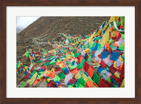 Framed Praying Flags with Mt. Quer Shan, Tibet-Sichuan, China Print