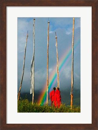 Framed Rainbow and Monks with Praying Flags, Phobjikha Valley, Gangtey Village, Bhutan Print