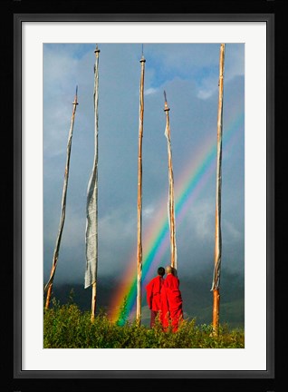 Framed Rainbow and Monks with Praying Flags, Phobjikha Valley, Gangtey Village, Bhutan Print