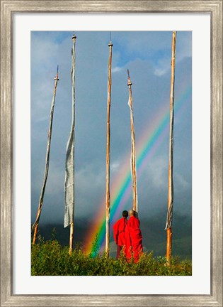 Framed Rainbow and Monks with Praying Flags, Phobjikha Valley, Gangtey Village, Bhutan Print