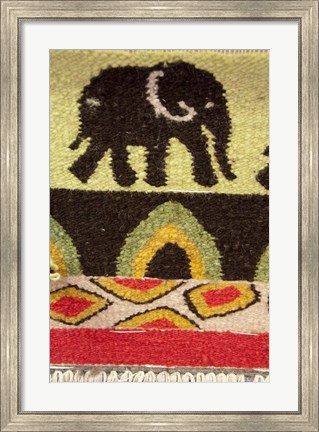Framed Namibia, Swakopmund. Karakulia, elephant design on wool textiles Print