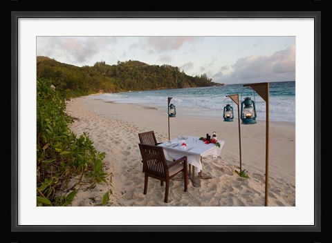 Framed Private dinner on the beach at Banyan Tree Resort, Mahe Island, Seychelles Print
