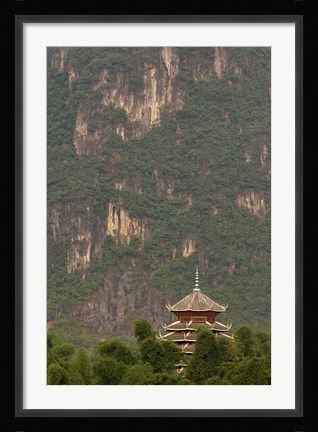 Framed Pagoda and giant karst peak behind, Yangshuo Bridge, China Print